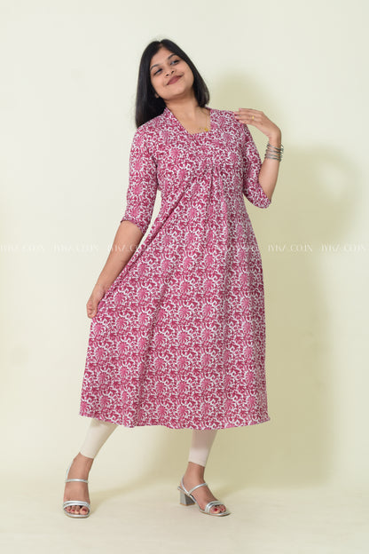 IYKA-PEACH AND WHITE COTTON ALINE KURTHI #00184KUR