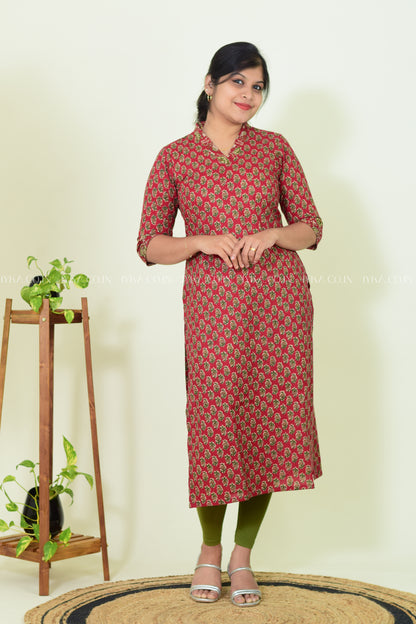 IYKA- RED FLORAL PRINTED COTTON SLITTED KURTHI #00254KUR