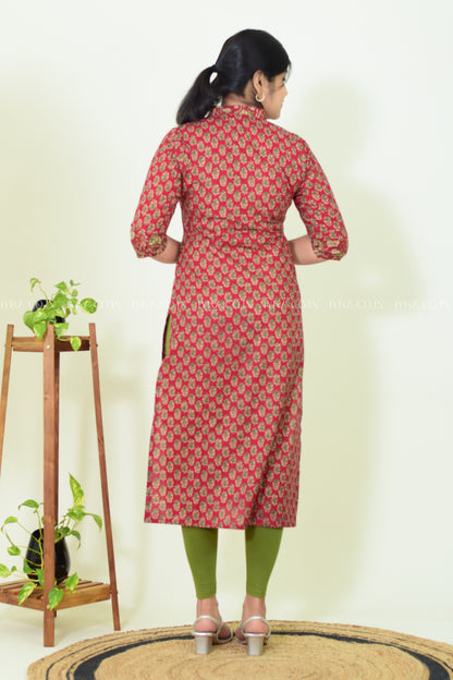IYKA- RED FLORAL PRINTED COTTON SLITTED KURTHI #00254KUR