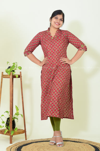 IYKA- RED FLORAL PRINTED COTTON SLITTED KURTHI #00254KUR
