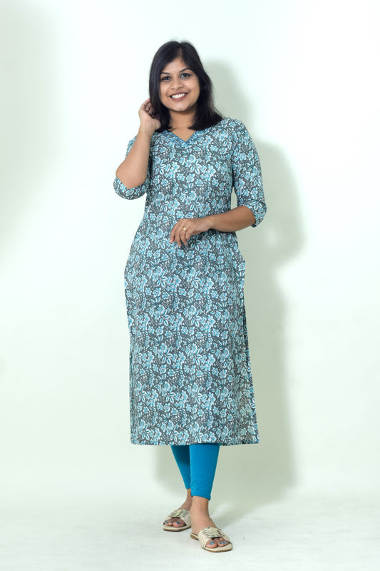 IYKA-GREY AND BLUE SLITTED KURTHI #00092KUR