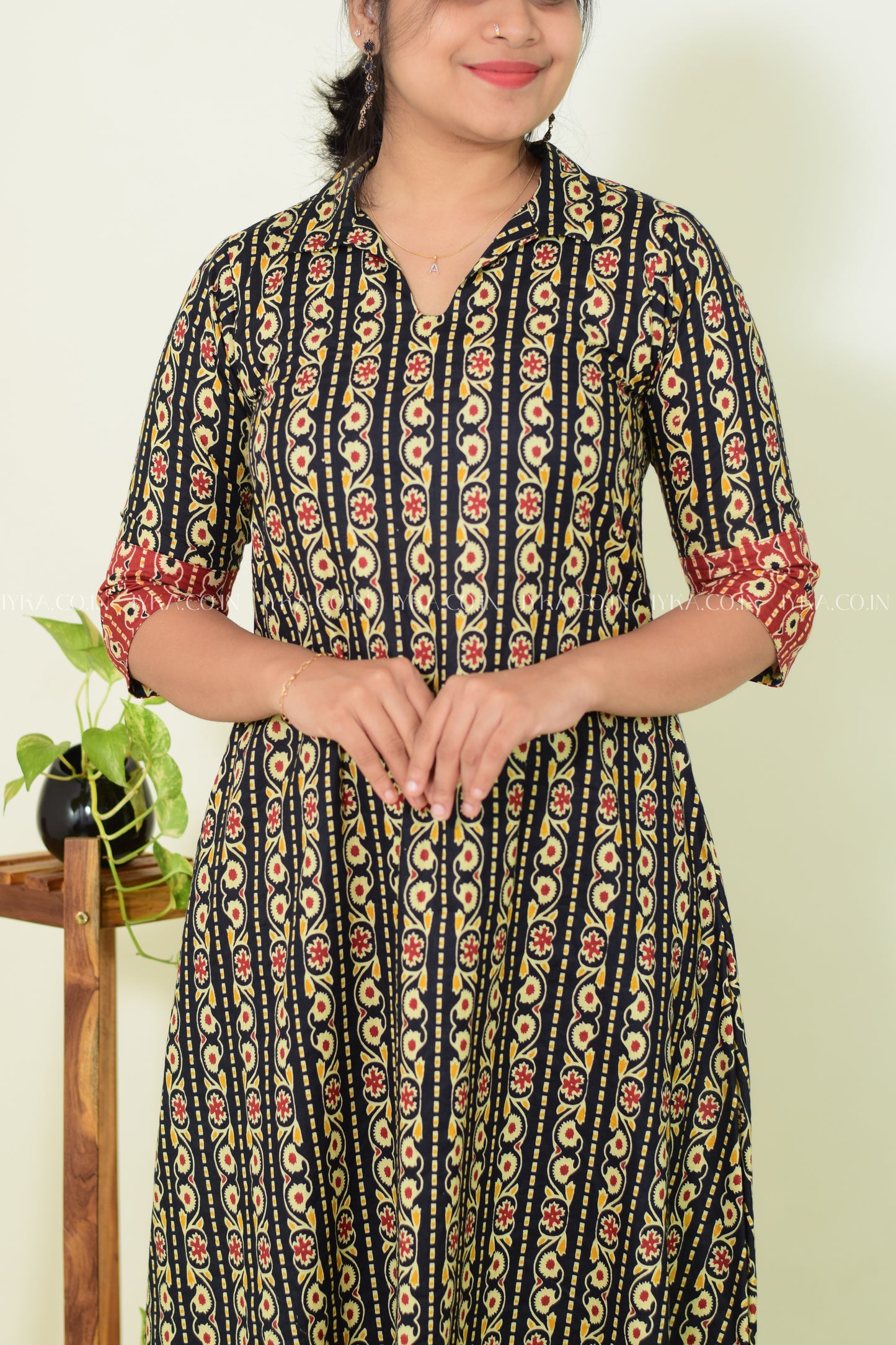 IYKA- BLACK COLLARED COTTON ALINE KURTHI #00261KUR
