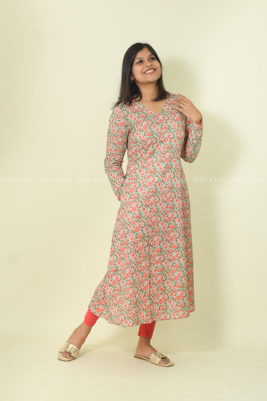 IYKA- FLORAL PRINTED FULL SLEEVE ALINE KURTHI #00080KUR