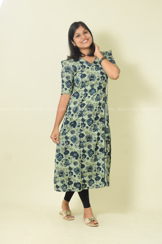 IYKA- BLUE FLORAL COTTON ALINE KURTHI #00083KUR