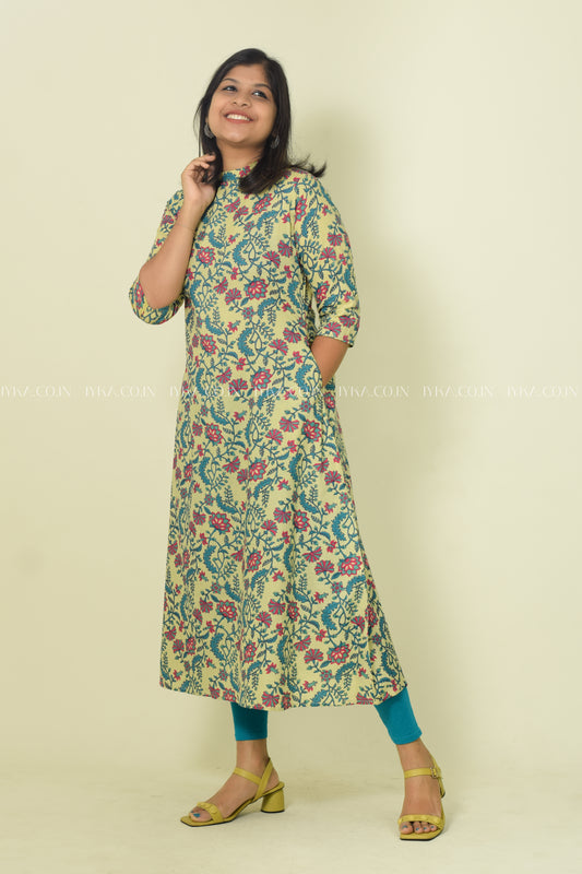 IYKA- CLOSE COLLARED FLORAL PRINTED A LINE KURTHI #00088KUR