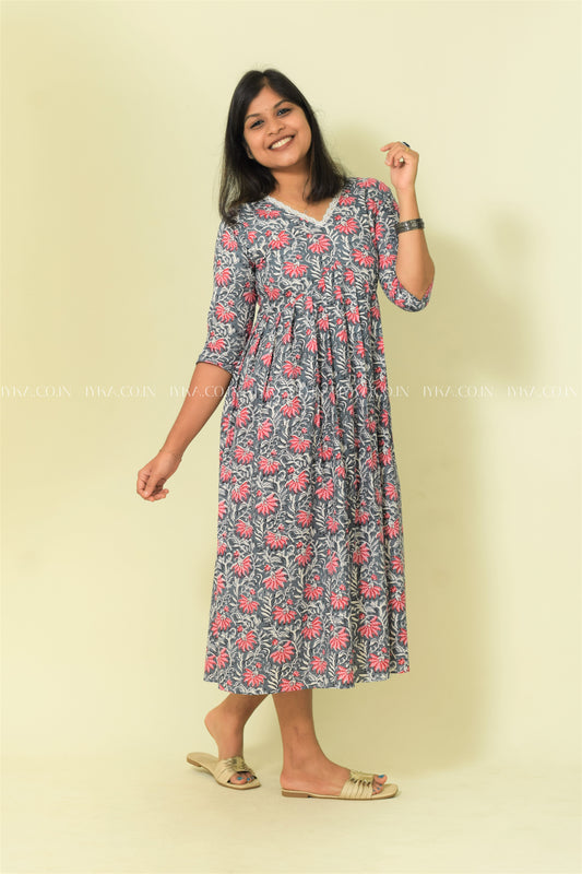 IYKA-PINK FLORAL PRINTED ALIA CUT KURTHI #00104KUR