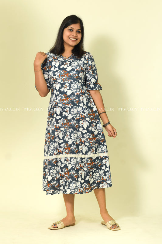 IYKA- GREY FLORAL PRINTED COTTON DRESS #00110KUR