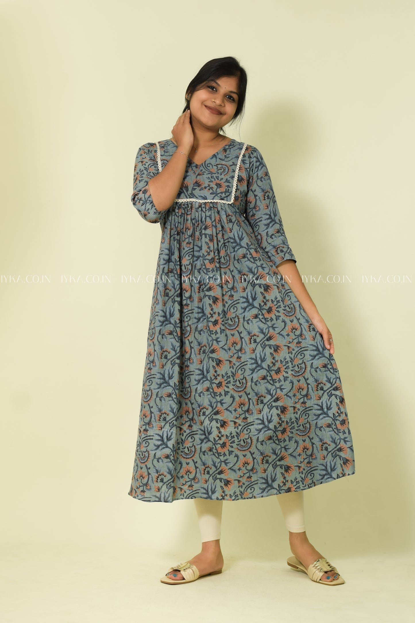 IYKA- GREY FLORAL PRINTED ALINE KURTHI#00113KUR