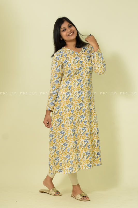 IYKA- WHITE AND YELLOW KATHA COTTON FULL SLEEVE ALINE KURTHI #00107KUR