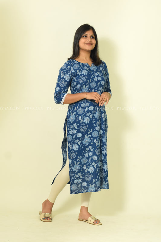 IYKA- BLUE FLORAL PRINTED COTTON FULL SLITTED KURTHI #00108KUR