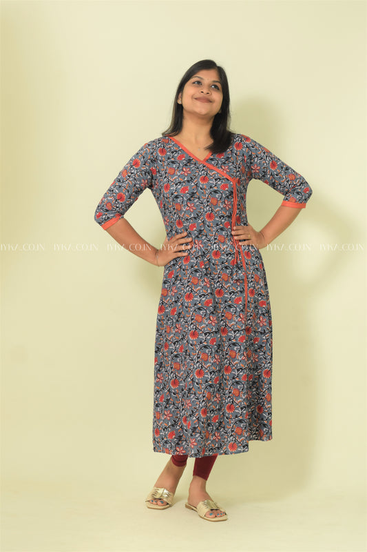 IYKA- GREY AND RED FLORAL PRINTED ALINE KURTHI #00106KUR