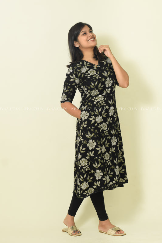 IYKA- BLACK FLORAL PRINTED ALINE KURTHI #00112KUR