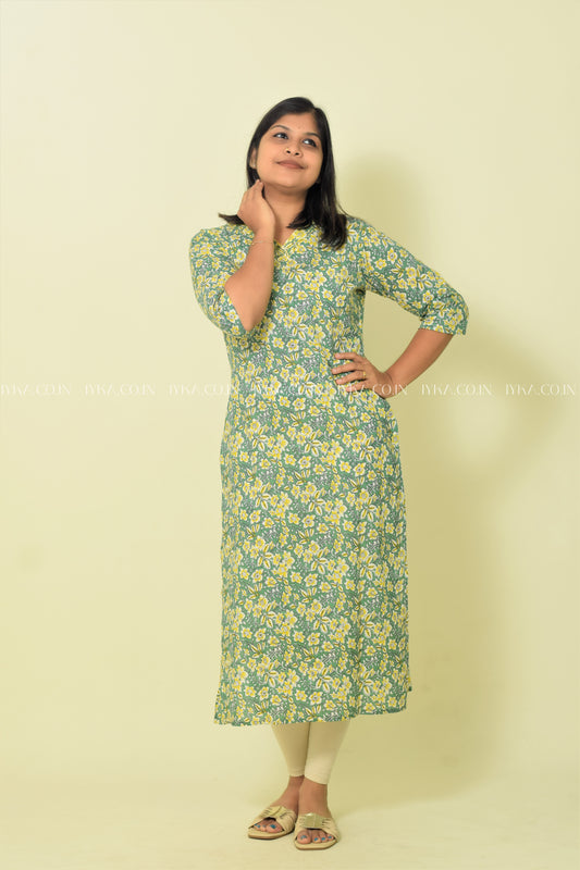 IYKA-GREEN AND YELLOW SLITTED KURTHI #00091KUR