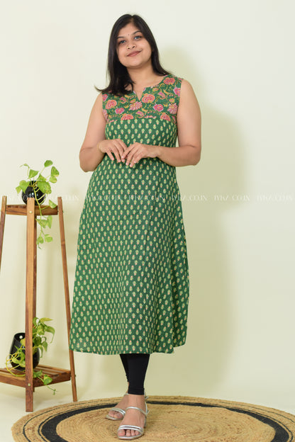 IYKA- GREEN FLORAL PRINTED ALINE KURTHI #00260KUR