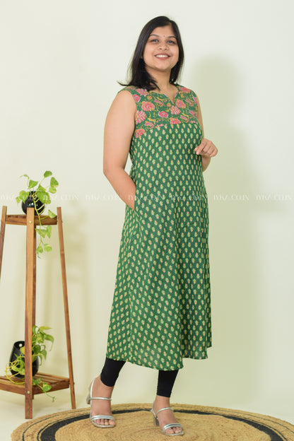 IYKA- GREEN FLORAL PRINTED ALINE KURTHI #00260KUR