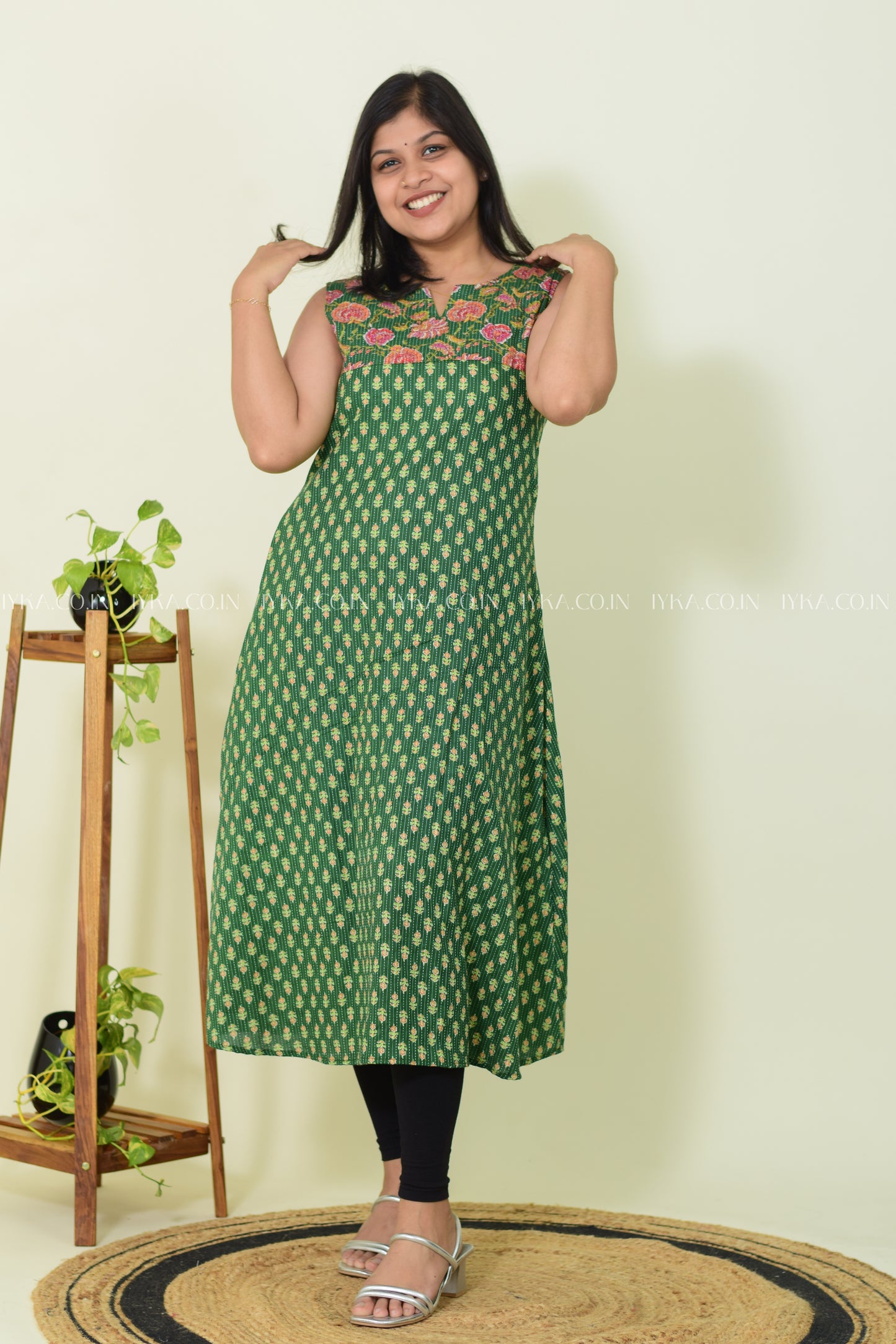 IYKA- GREEN FLORAL PRINTED ALINE KURTHI #00260KUR