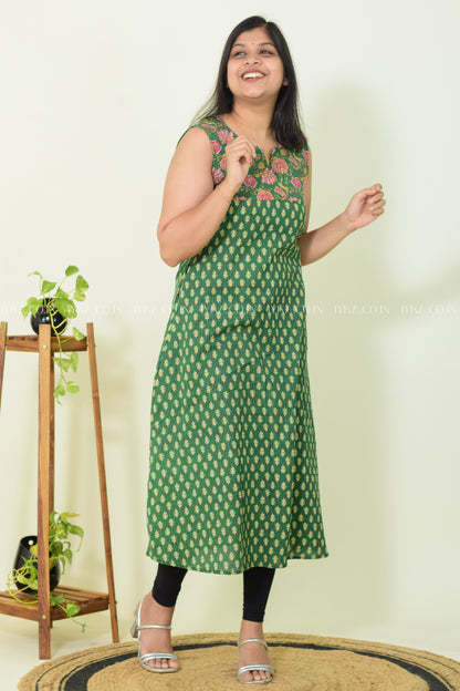 IYKA- GREEN FLORAL PRINTED ALINE KURTHI #00260KUR