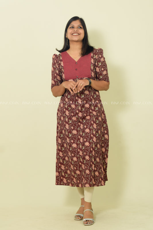 IYKA- MAROON KATHA COTTON ALINE KURTHI #00097KUR