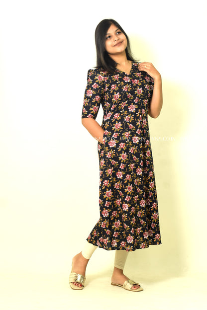 IYKA- BLACK AND RED FLORAL ALINE KURTHI #00126KUR