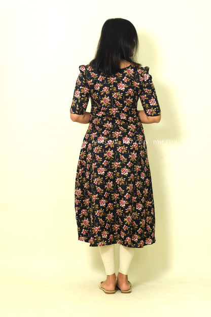 IYKA- BLACK AND RED FLORAL ALINE KURTHI #00126KUR