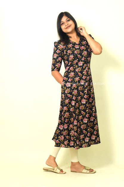 IYKA- BLACK AND RED FLORAL ALINE KURTHI #00126KUR