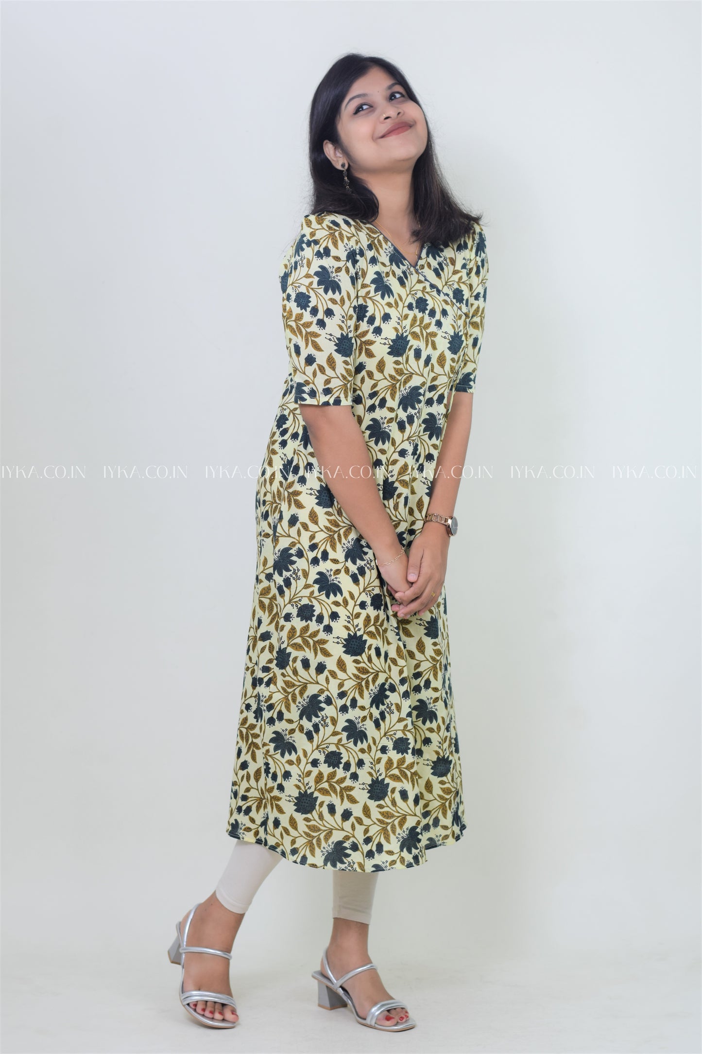 IYKA- BUTTER YELLOW FLORAL PRINTED ALINE KURTHI#00139KUR