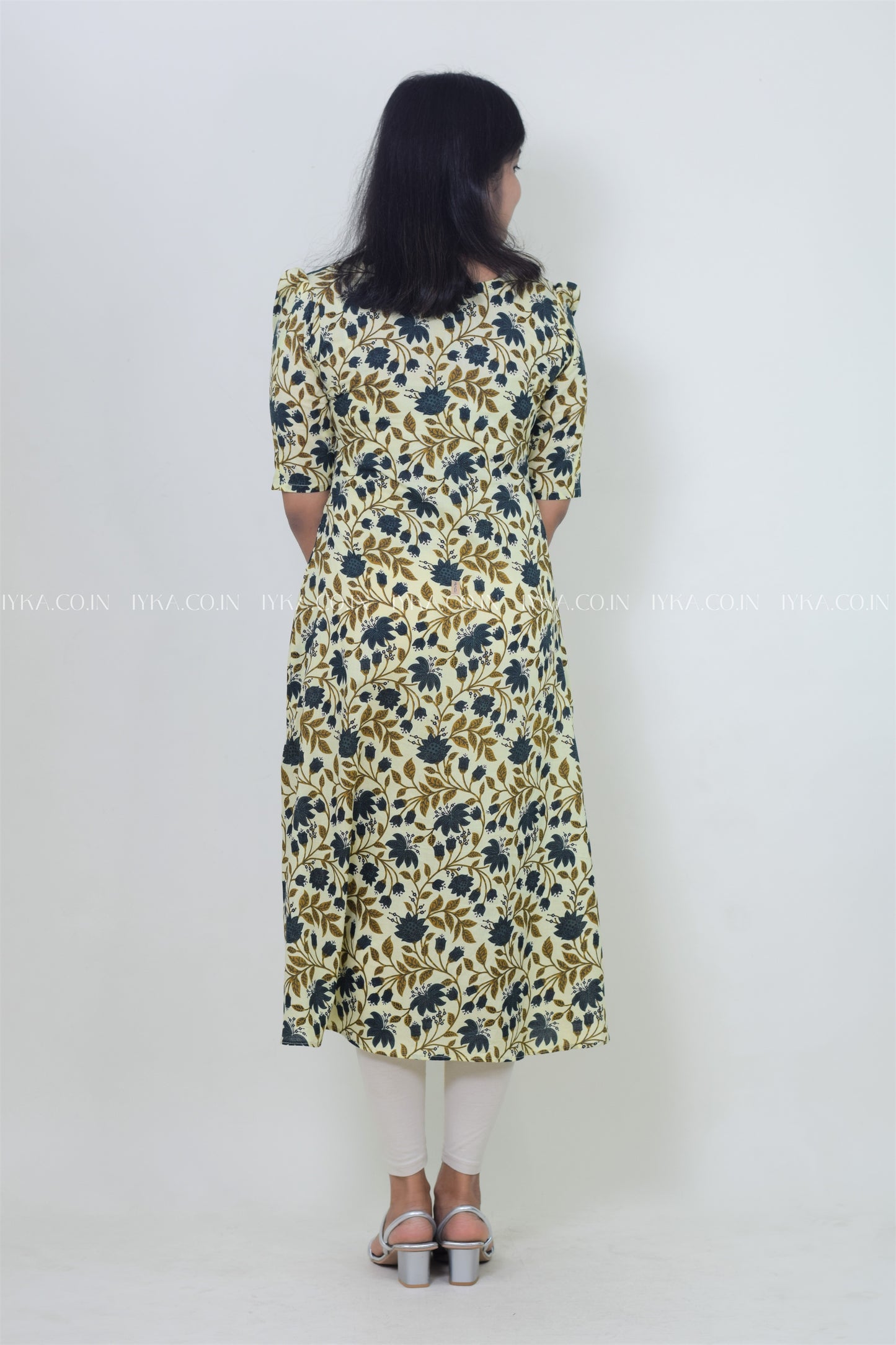 IYKA- BUTTER YELLOW FLORAL PRINTED ALINE KURTHI#00139KUR