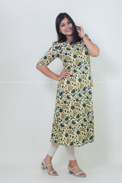 IYKA- BUTTER YELLOW FLORAL PRINTED ALINE KURTHI#00139KUR