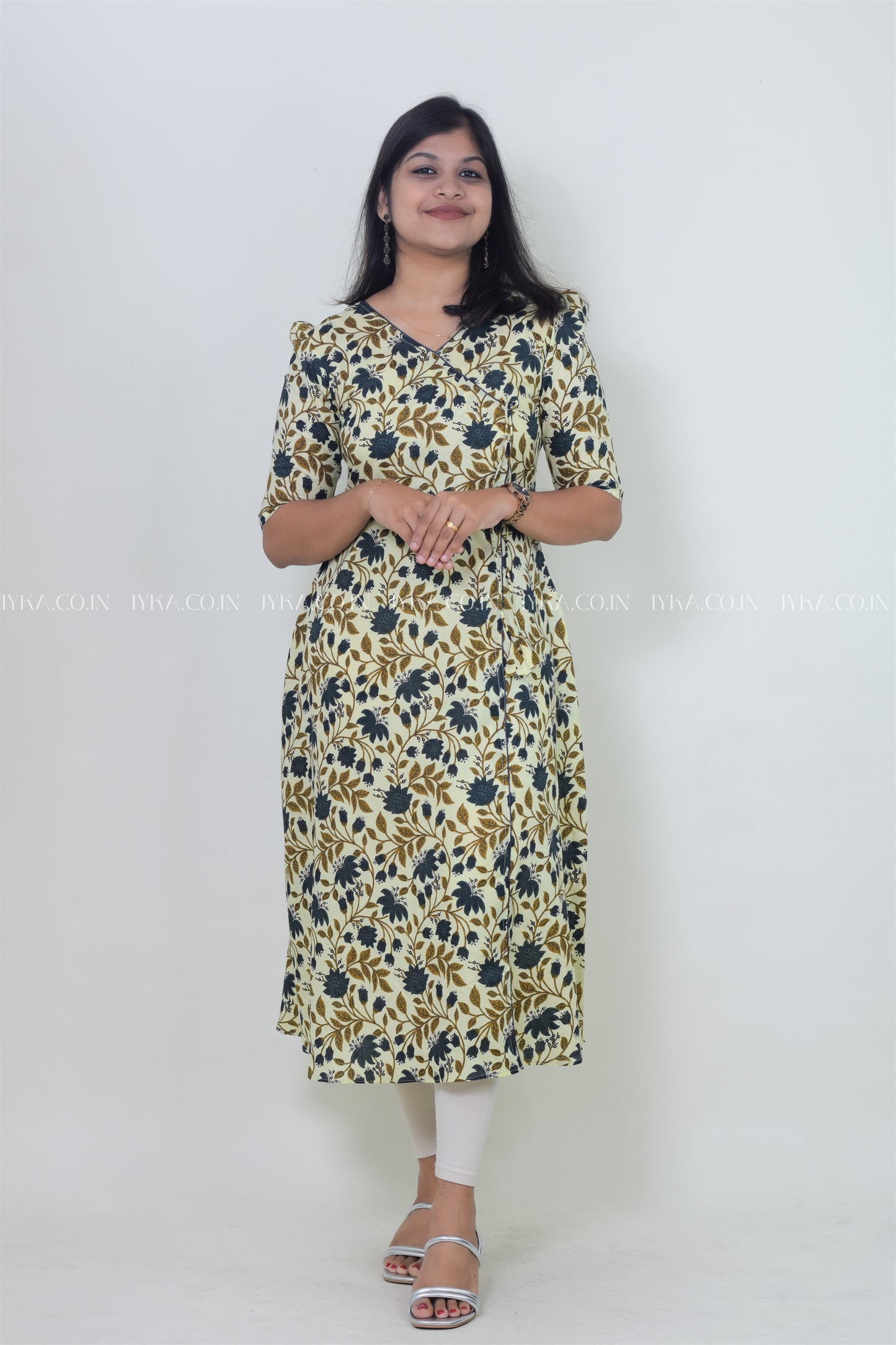 IYKA- BUTTER YELLOW FLORAL PRINTED ALINE KURTHI#00139KUR